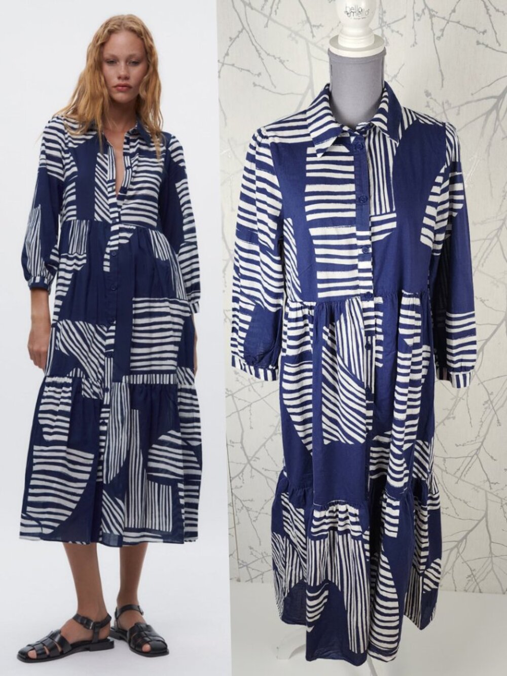 Zara Abstract Stripe Cotton Button Front Tiered Shirt Dress